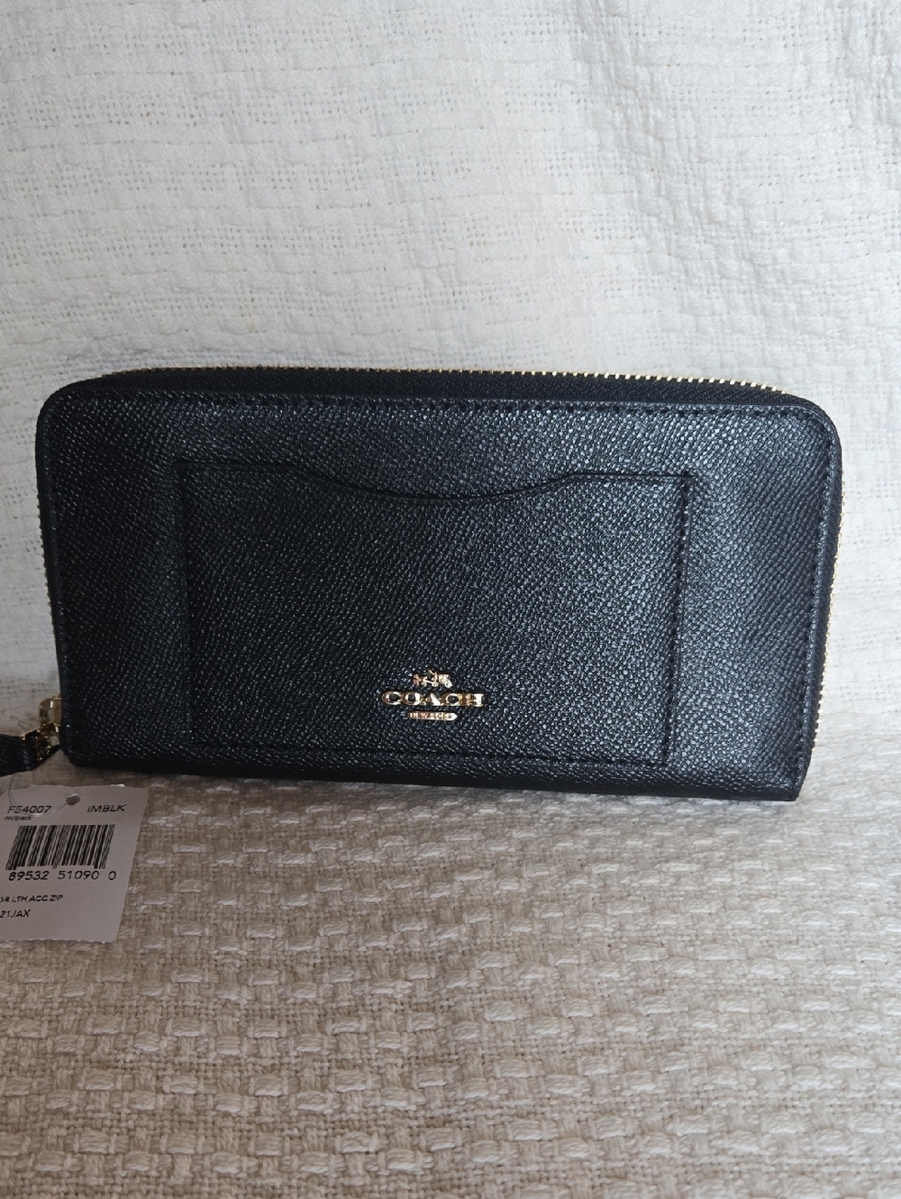 Coach Black Zip-Around Saffiano Leather Wallet with Gold Hardware